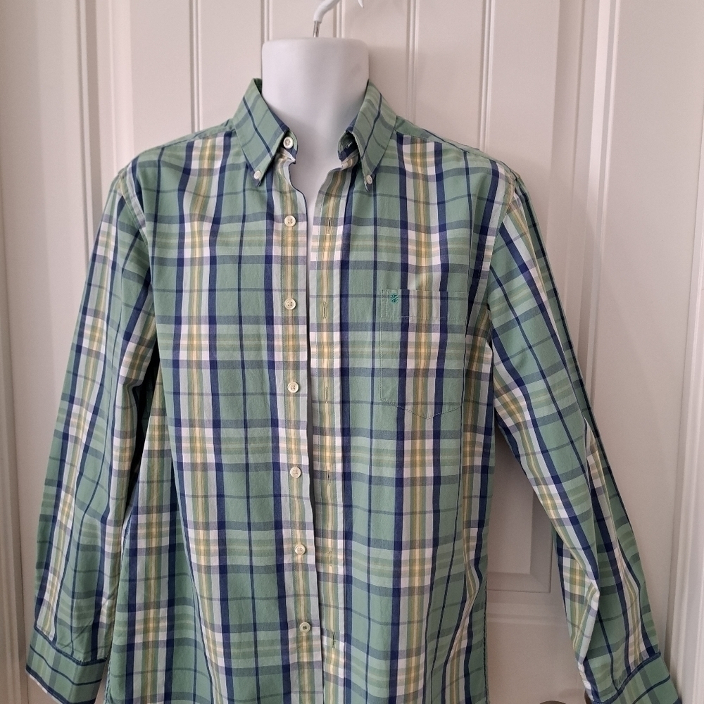 𝅺mens IZOD slim fit cotton shirt button down one pocket Med green check